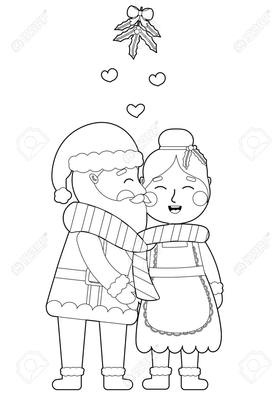 Santa and mrs claus kissing under the mistletoe coloring page for christmas chldren activity book printable worksheet royalty free svg cliparts vectors and stock illustration image