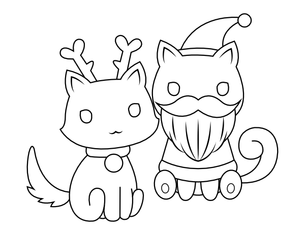 Printable cat santa claus and reindeer coloring page