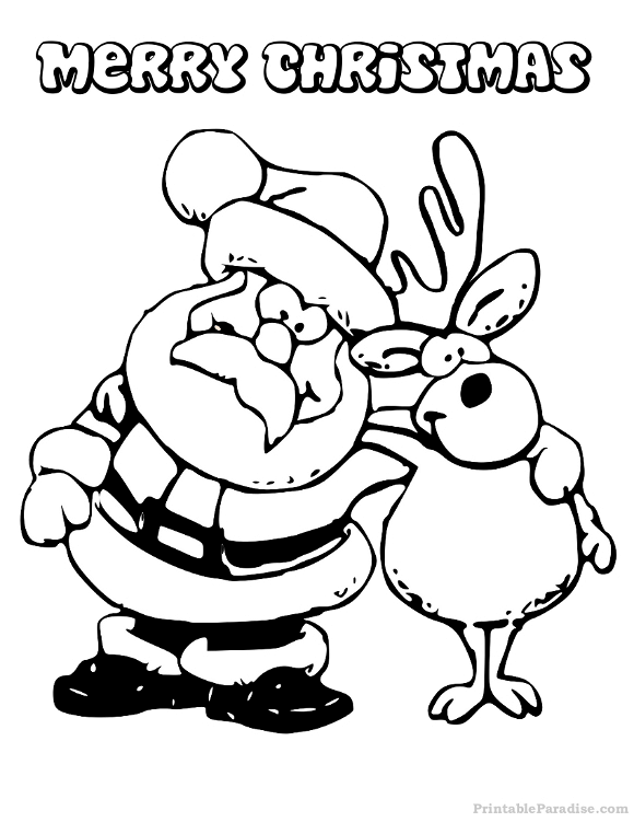 Printable santa and reindeer christmas coloring page