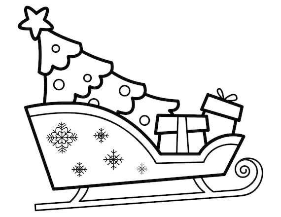 Holiday coloring pages featuring santa his sleigh and all of his reindeer instant download