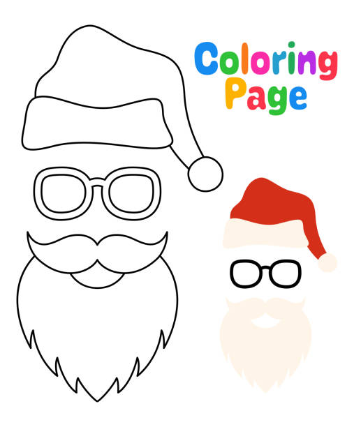 Coloring page with beard with christmas hat and glasses for kids stock illustration