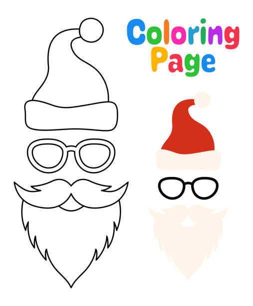 Coloring page with beard with christmas hat and glasses for kids stock illustration