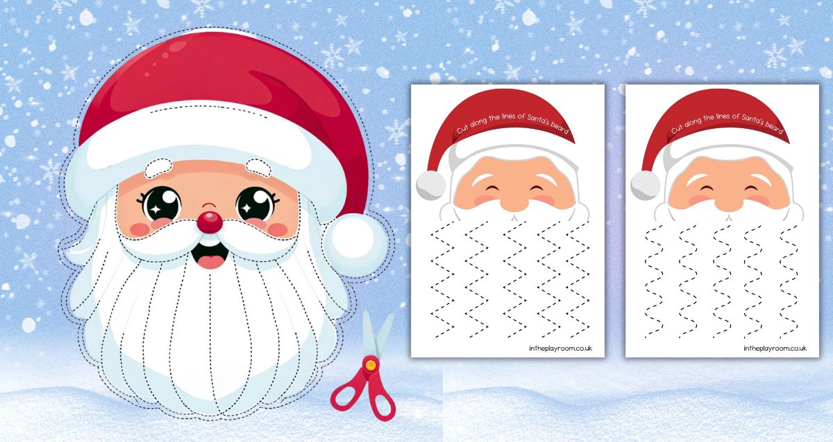 Santa beard cutting printable pages of free christmas scissor skills