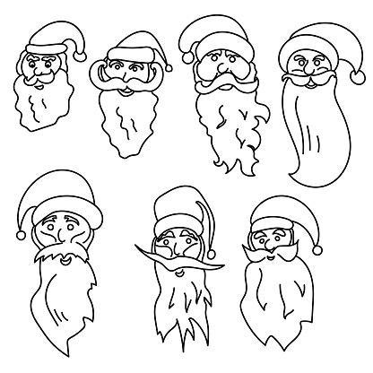 Set of contour faces of santa kind character with beard and hat coloring page on a christmas theme stock illustration