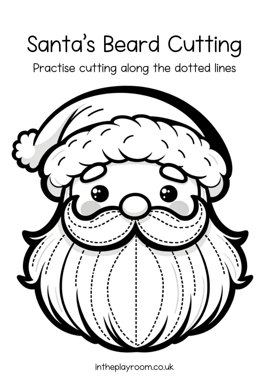 Santa beard cutting printable pages of free christmas scissor skills