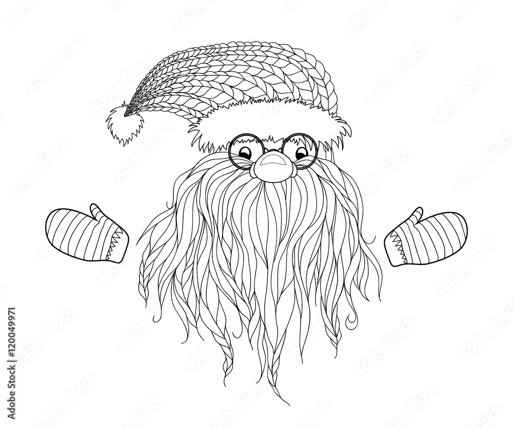 Santa claus in zentangle style beard glasses cap mittens symbols of christmas characters hand