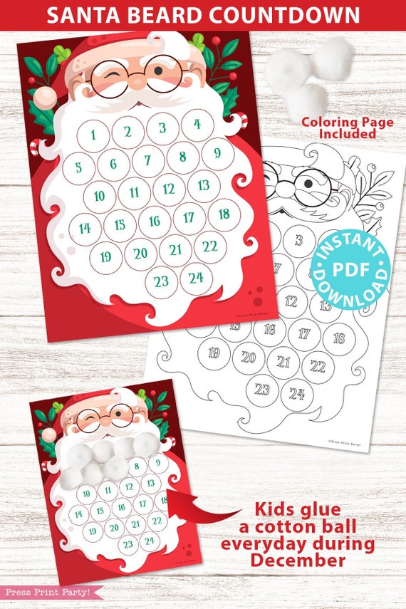 Santa beard countdown to christmas printable christmas advent calendar for kids w cotton balls coloring page included instant download