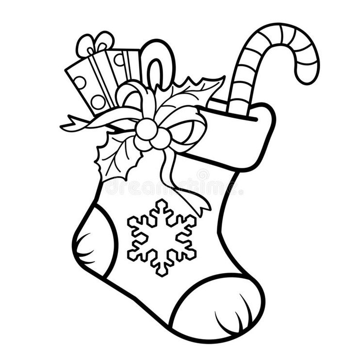 Coloring page outline of cartoon christmas boot or sock with gifts and sweets christmas new year stâ christmas coloring pages christmas drawing coloring pages