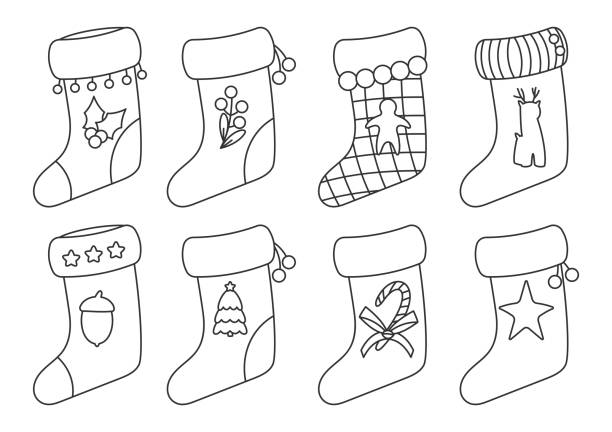 Glyph christmas sock santa boot stockin vector set stock illustration