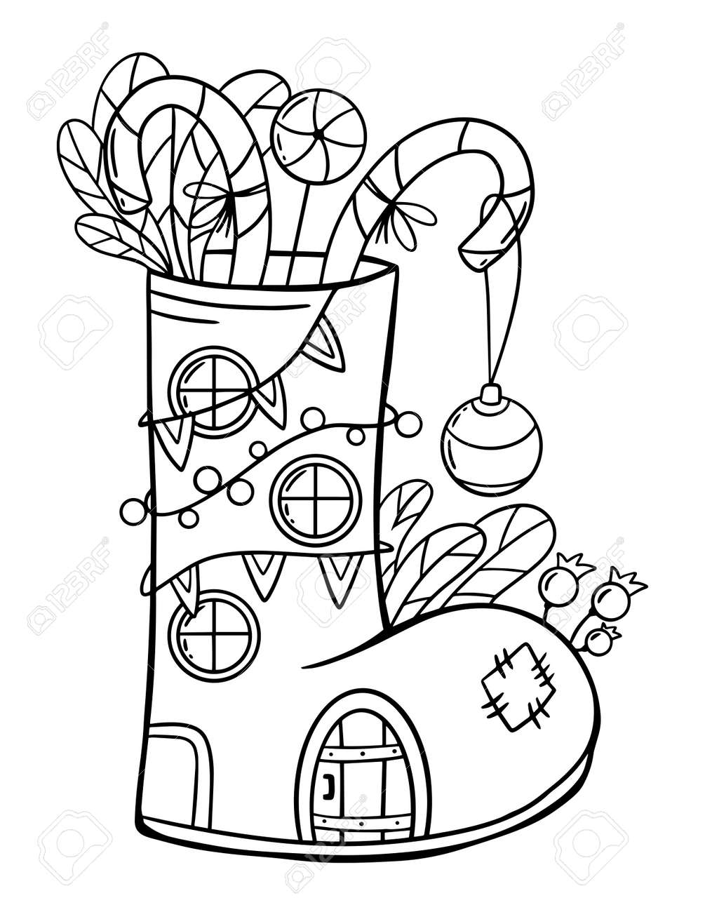 Magic christmas boot house coloring page outline winter illustration for kids stock photo picture and royalty free image image