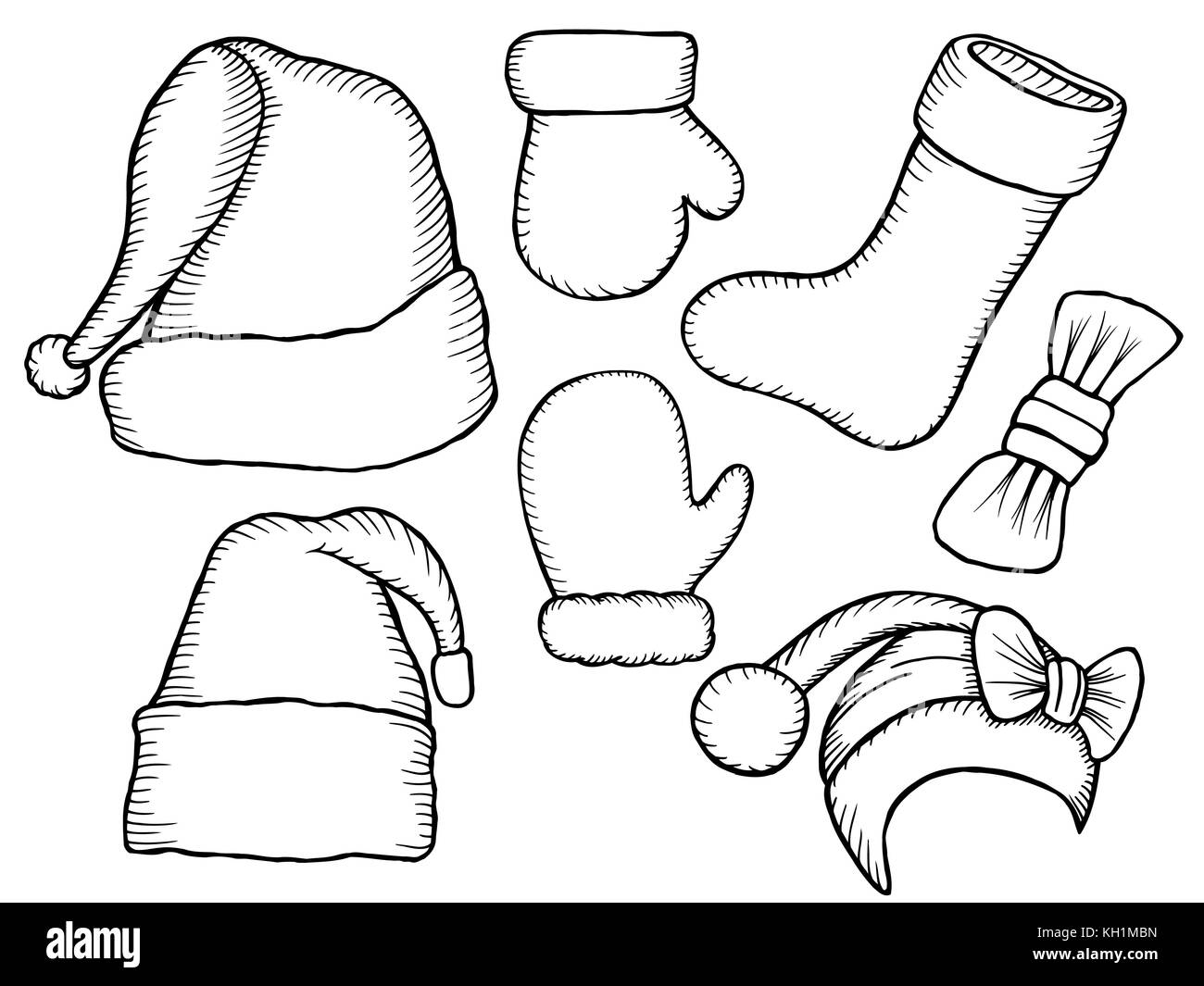 Set of monochrome doodle hats boots socks santa claus template christmas hat for design decorating cards and collages stock vector image art