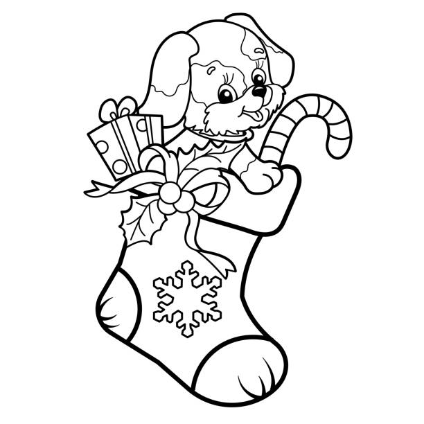 Coloring page outline of christmas boot or sock with gifts and sweets and with little dog christmas new year coloring book for kids stock illustration