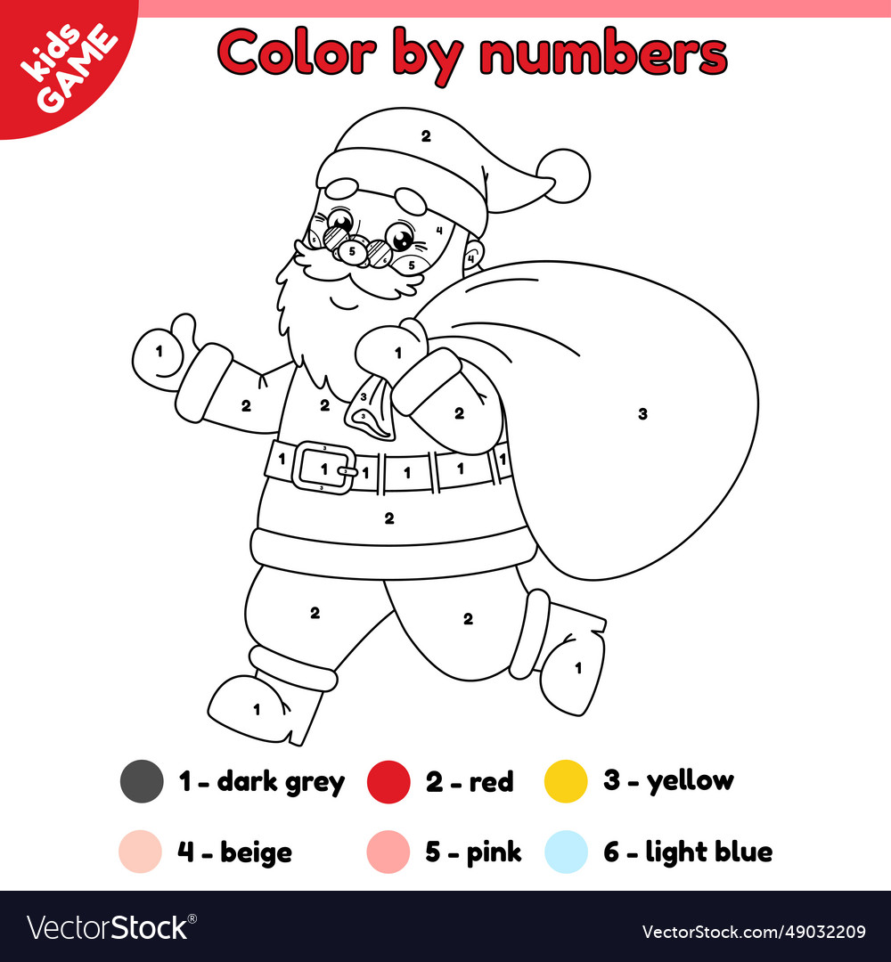 Coloring page by numbers with running santa claus vector image