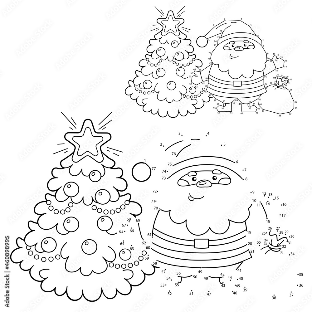 Puzzle game for kids numbers game coloring page outline of santa claus with christmas tree new year christmas coloring book for children vector