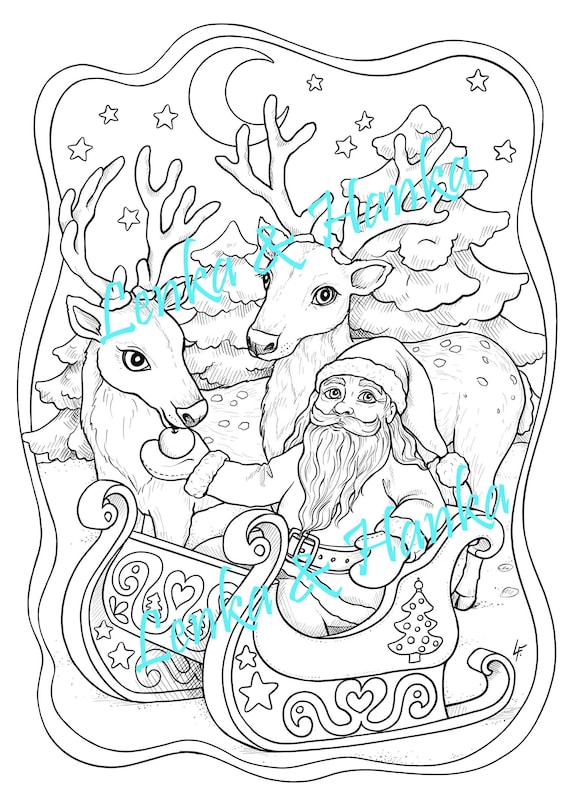 Coloring page for adults christmas santa and reindeers line art pdf download and print