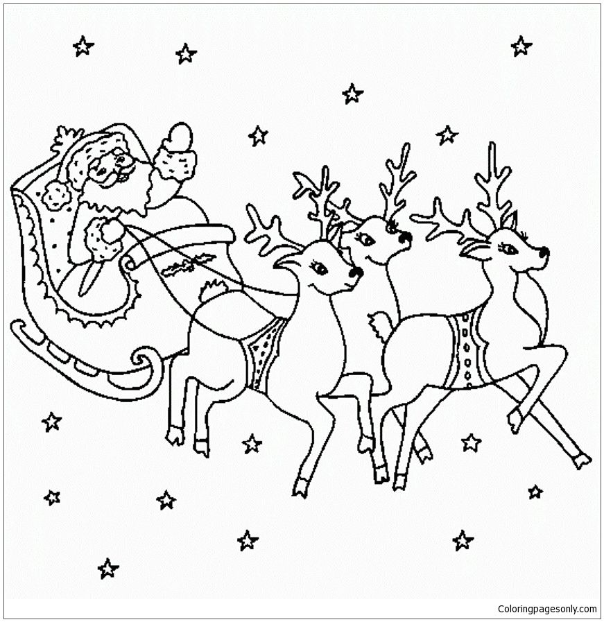 Santa flying with reindeer coloring page santa coloring pages christmas coloring pages santa and reindeer