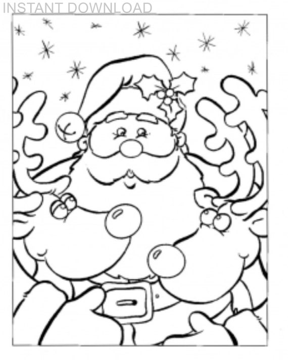 Printable x santa and reindeer coloring pageinstant downloaddigital fileplus bonus