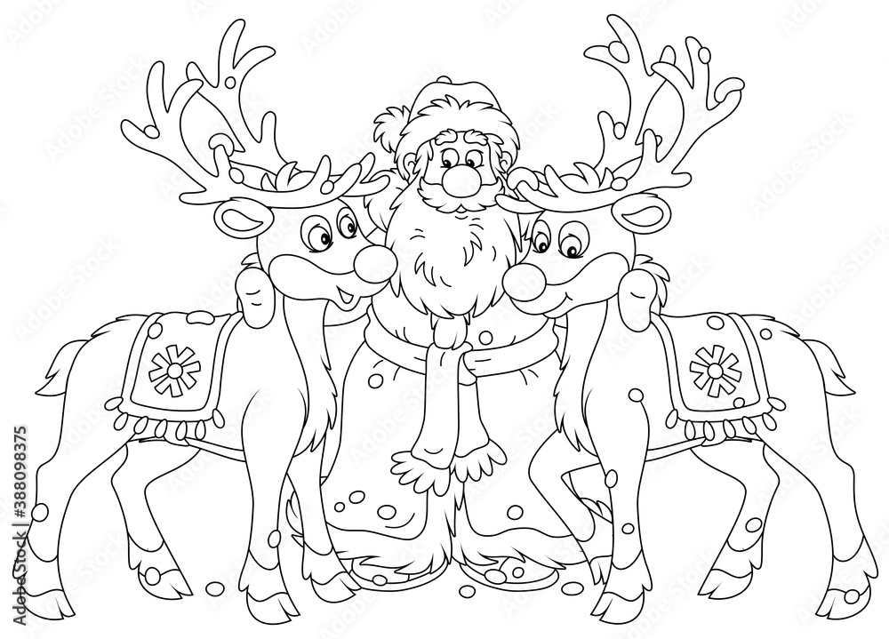 Santa claus embracing his magic reindeer black and white outline vector cartoon illustration for a coloring book page vector