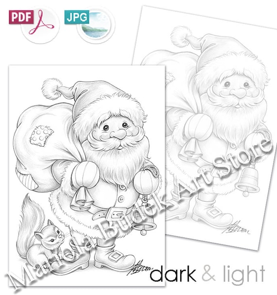 Santa claus mariola budek coloring page printable adult kids cute christmas colouring pages instant download grayscale ilustration pdf