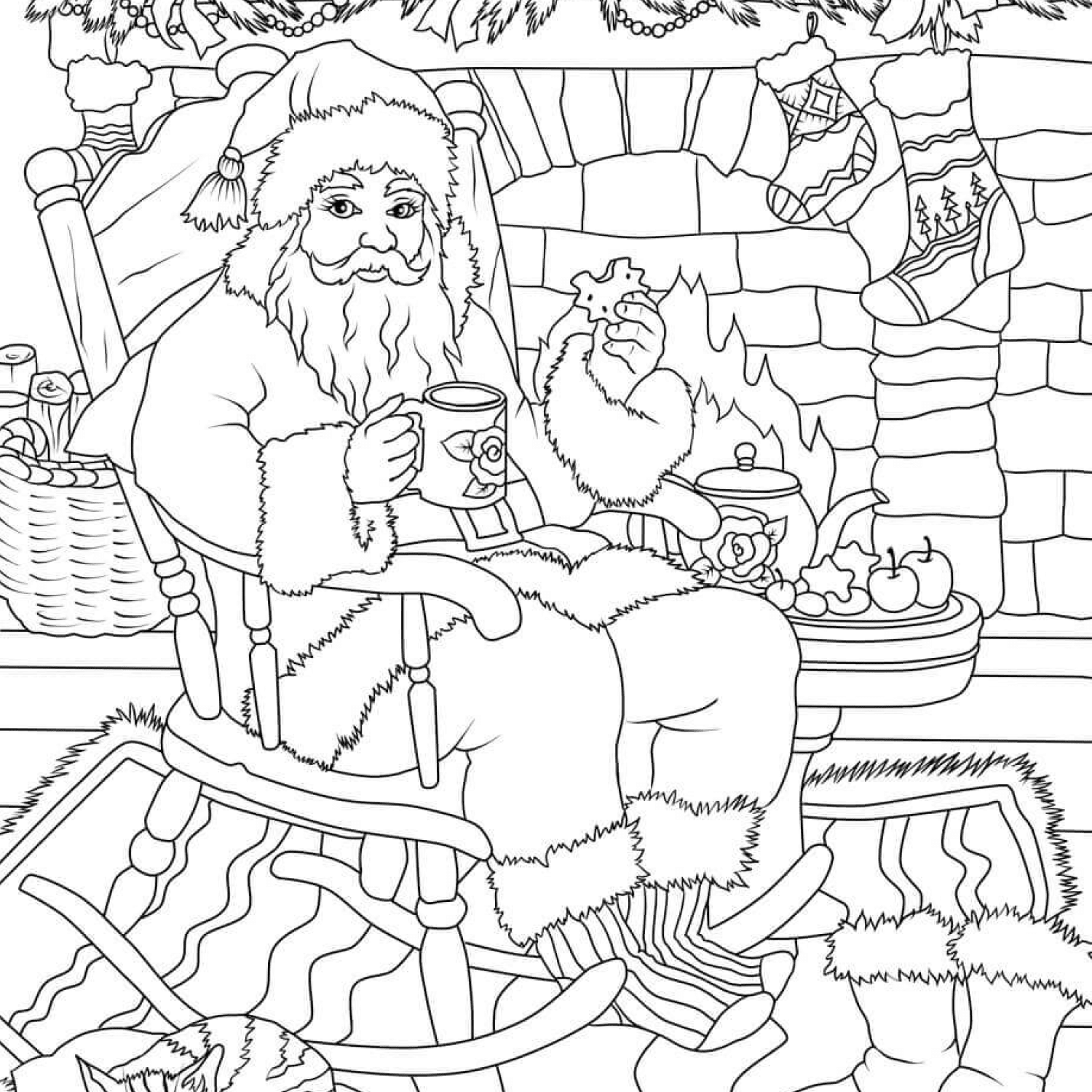 Free coloring page santa claus drinking tea â