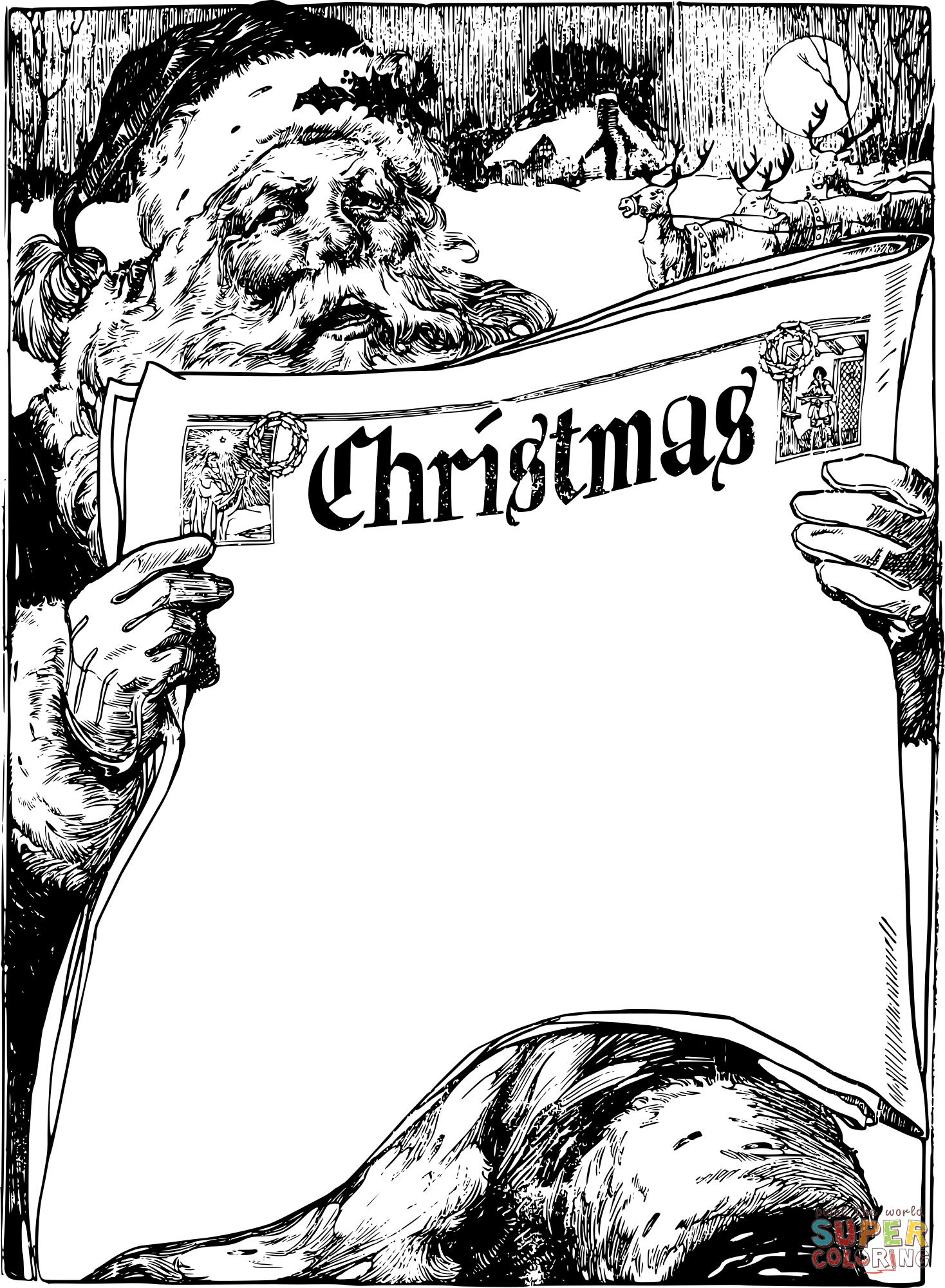 Vintage santa christmas paper frame coloring page free printable coloring pages