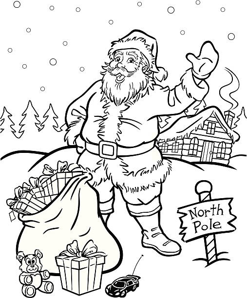 Santa claus with bag of presents for christmas coloring page stock illustrations royalty