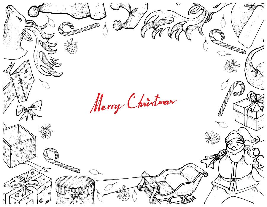 Hand drawn of santa claus with sleigh and gifts frame drawing by iam nee