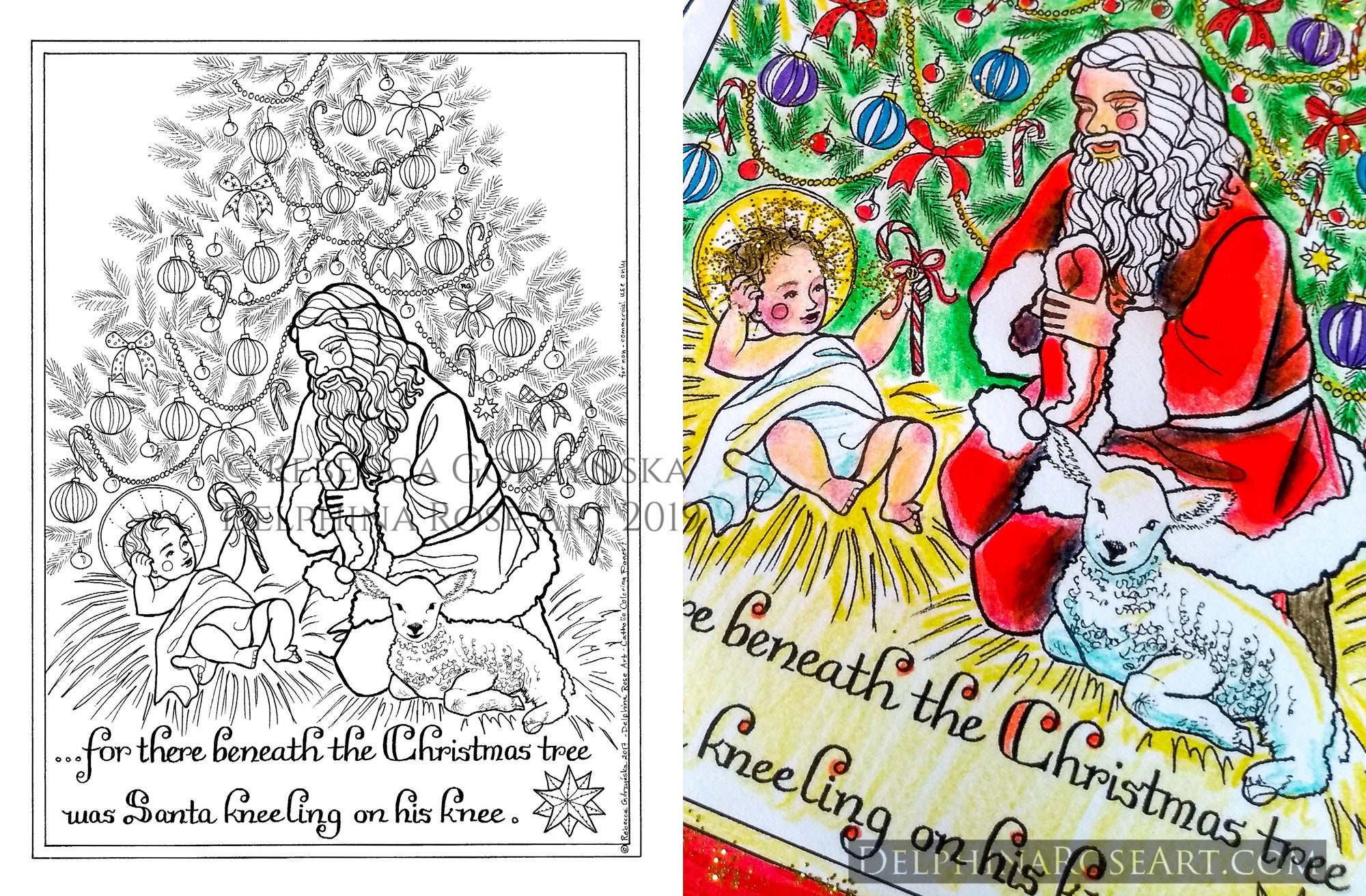 Kneeling santa coloring page christmas tree saint nicholas christ child baby jesus santa claus lamb catholic christian