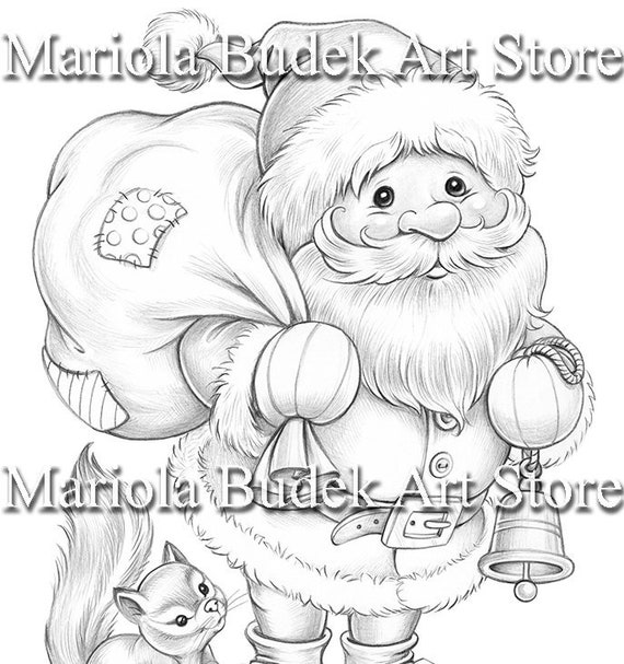 Santa claus mariola budek coloring page printable adult kids cute christmas colouring pages instant download grayscale ilustration pdf