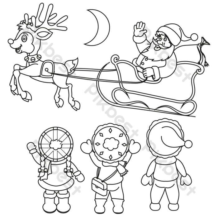 Winter holidays santa claus and three kids coloring page png images ai free download