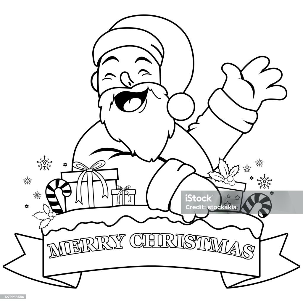 Santa claus and banner vector black and white coloring page stock illustration