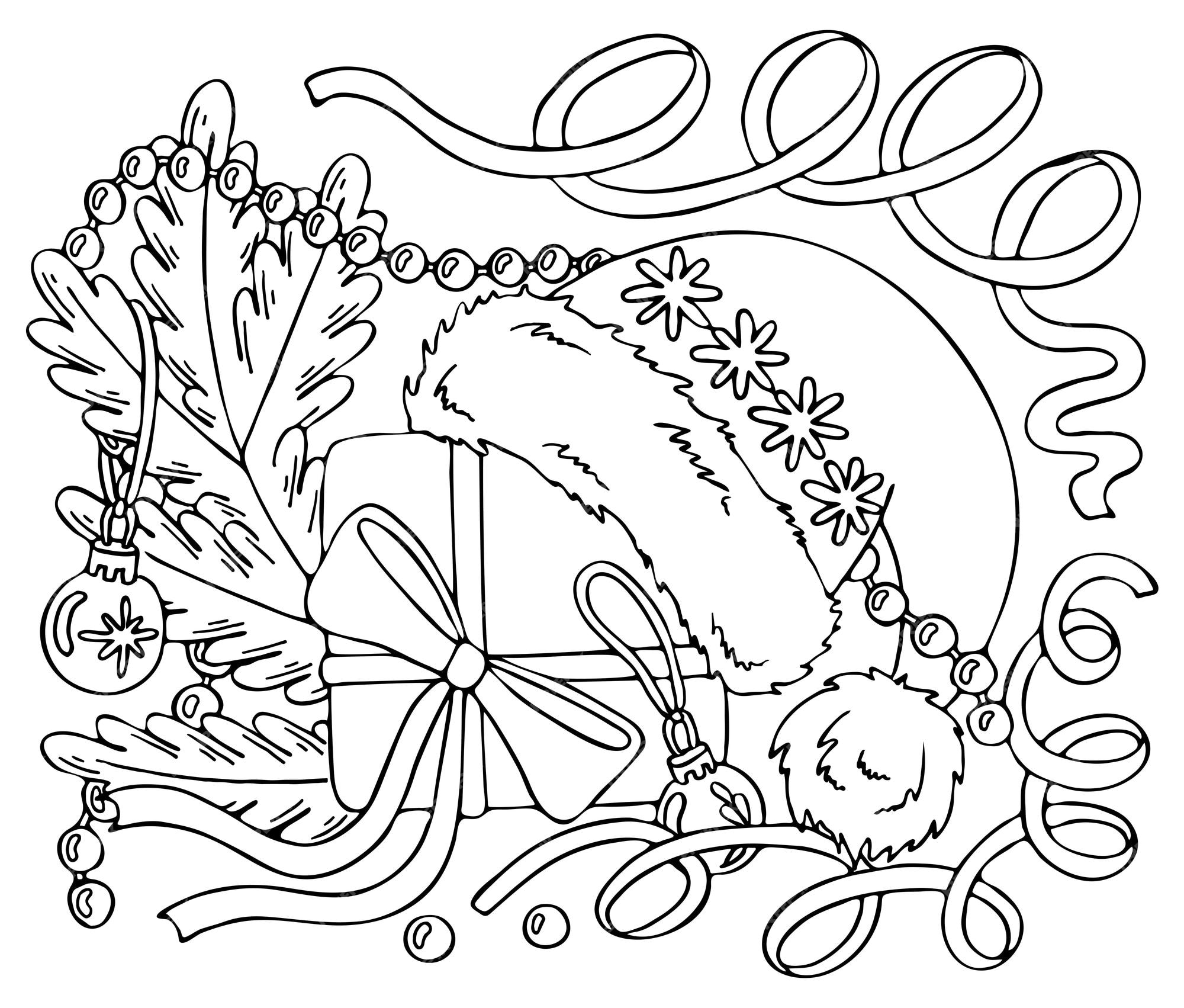 Premium vector christmas coloring page santa claus hat gift box spruce branch with decorations and serpentine hand drawn line art winter vector illustration happy holiday