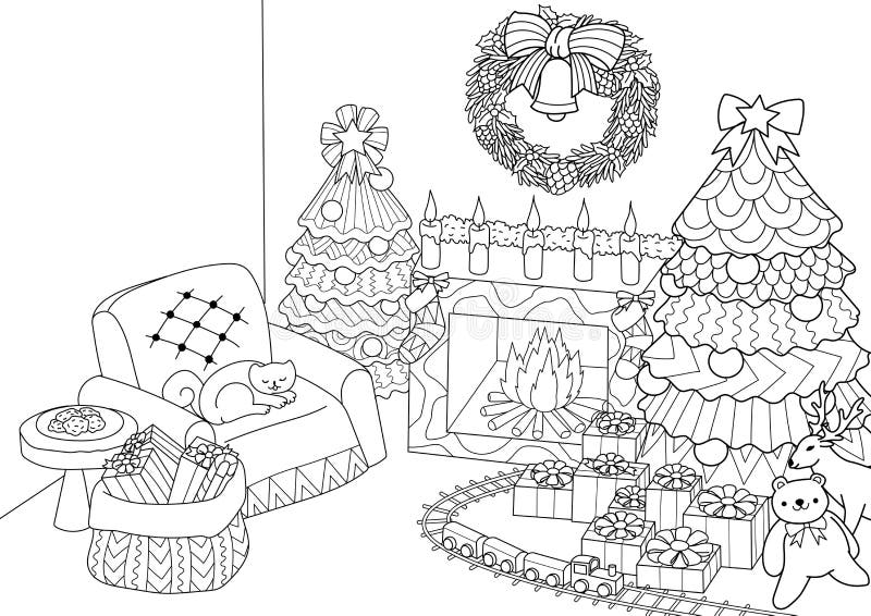 Coloring book coloring page of zentangle stylized christmas treefireplacearmchair for santa clause christmas wreath and presen stock vector