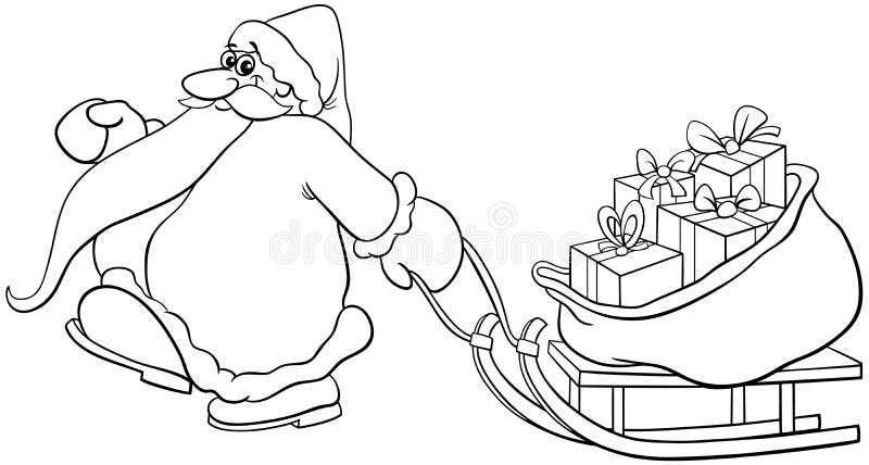 Cartoon santa claus pulling a sleigh gifts coloring page stock vector