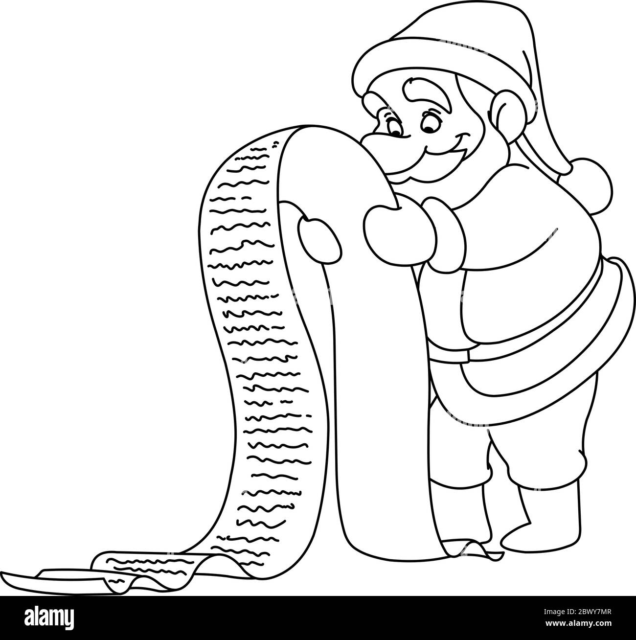 Outlined santa claus reading a long christmas wish list vector illustration coloring page stock vector image art