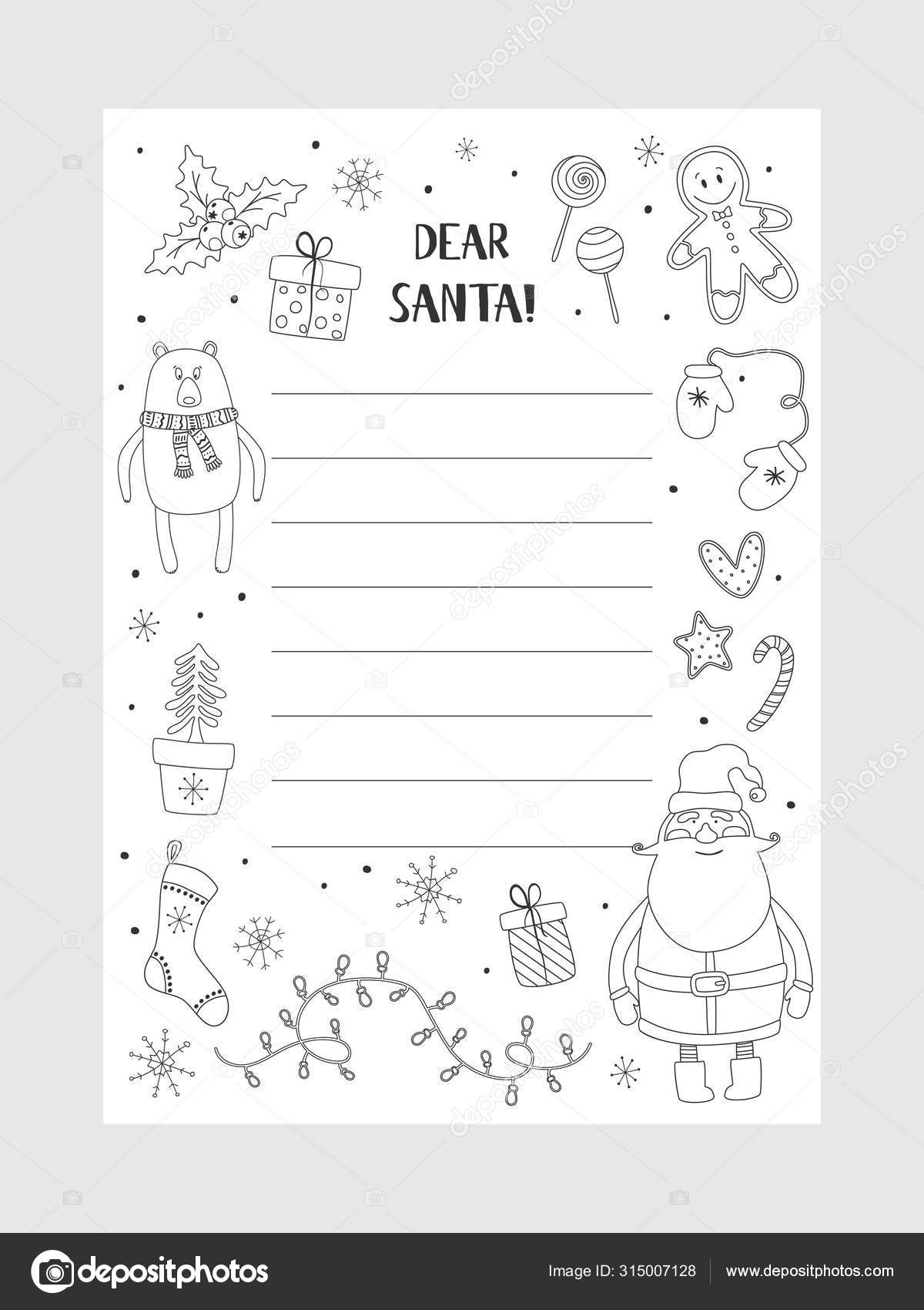 Cartoon christmas wish christmas items coloring page letter santa claus stock vector by zitusia