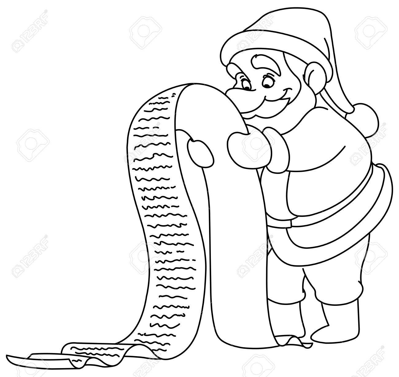 Outlined santa claus reading a long christmas wish list vector illustration coloring page royalty free svg cliparts vectors and stock illustration image