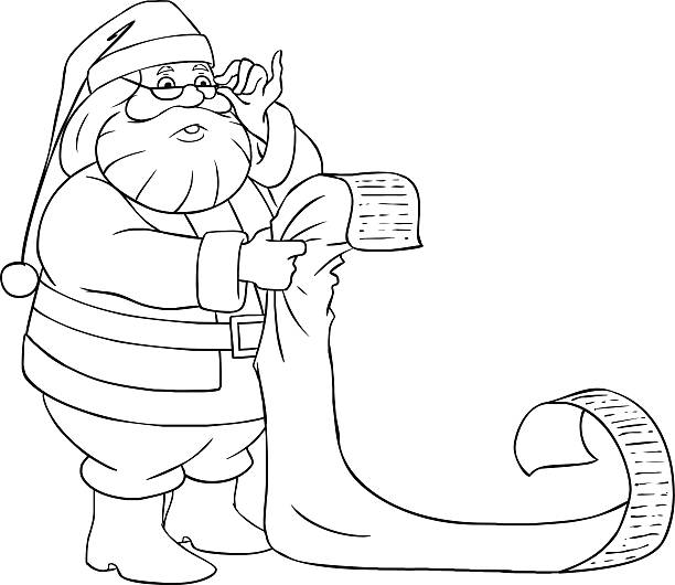 Santa claus reads from christmas list coloring page stock illustration