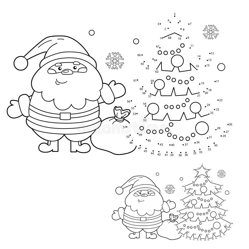 Puzzle game for kids numbers game coloring page outline of christmas tree with santa claus new year christmas stock vector