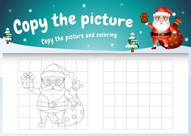 Premium vector copy the picture kids game and coloring page with a cute santa clause