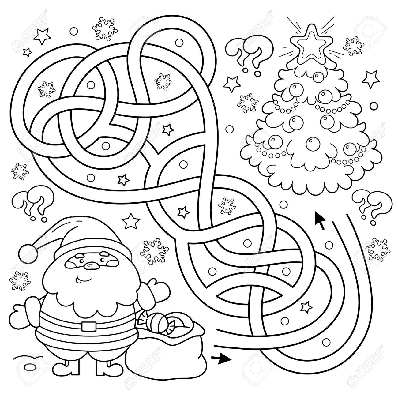 Maze or labyrinth game puzzle tangled road coloring page outline of santa claus with gifts bag and christmas tree new year christmas coloring book for kids royalty free svg cliparts vectors and