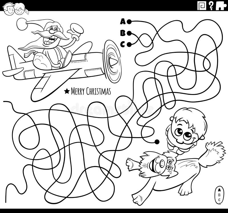 Maze with santa claus in a plane and boy coloring page stock vector