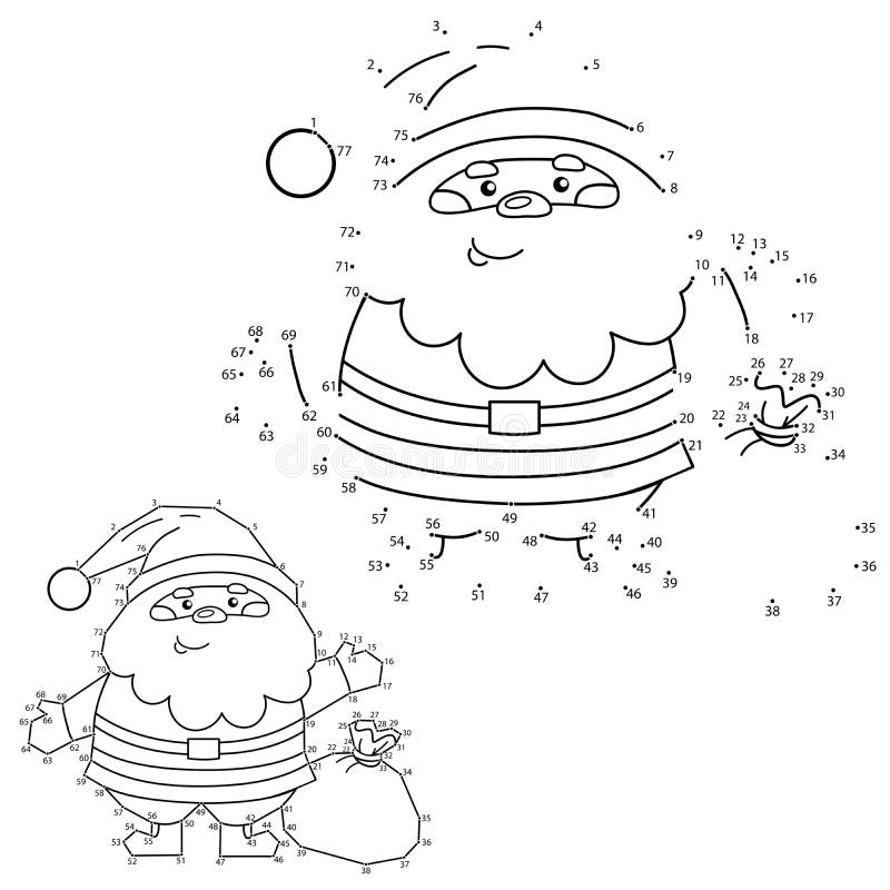 Puzzle game for kids numbers game coloring page outline of santa claus with gifts bag new year christmas stock vector