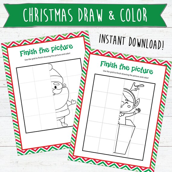 Christmas finish the drawing and color printable instant download christmas party kids christmas activities santa coloring elf instant download