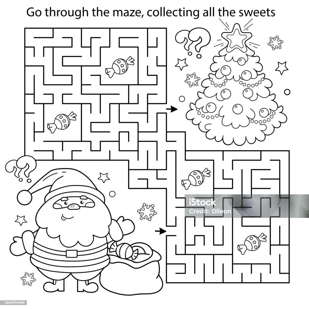 Maze or labyrinth game puzzle coloring page outline of santa claus with gifts bag and christmas tree new year christmas coloring book for kids stock illustration