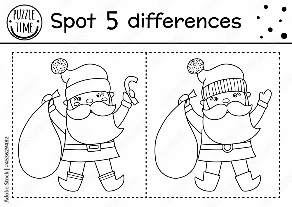 Christmas find differences and color game for children winter educational activity with funny santa claus printable worksheet for kids cute new year coloring page with father frost vector