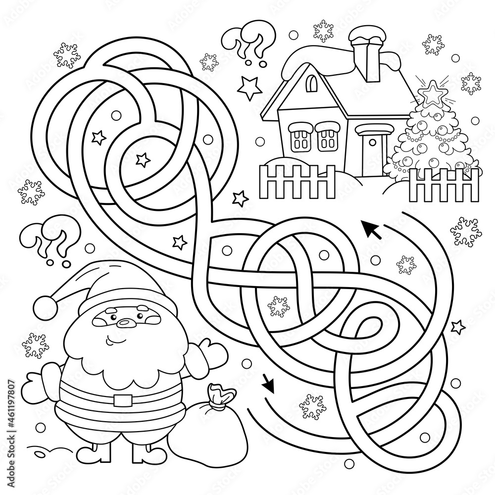 Maze or labyrinth game puzzle tangled road coloring page outline of santa claus with gifts bag and christmas tree new year christmas coloring book for kids vector