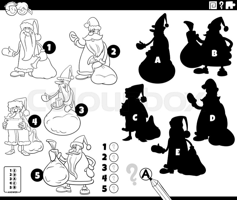 Shadows game with cartoon santa clauses coloring page stock vector