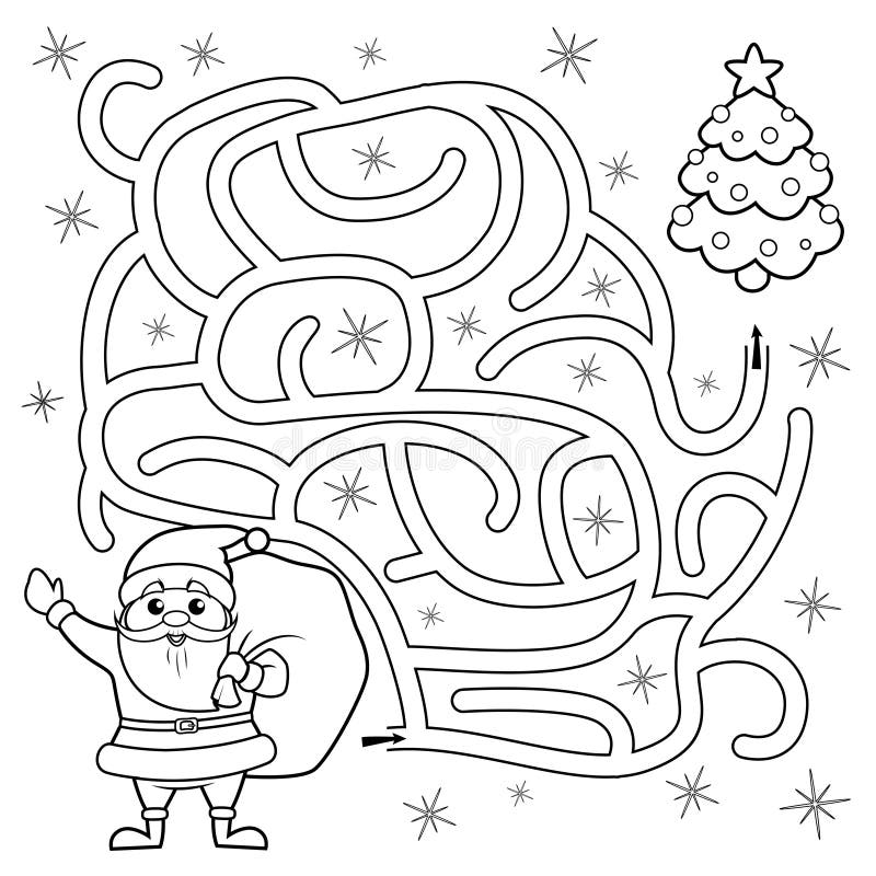 Help santa claus find path to christmas tree labyrinth maze game for kids black and white vector illustration for coloring book stock vector