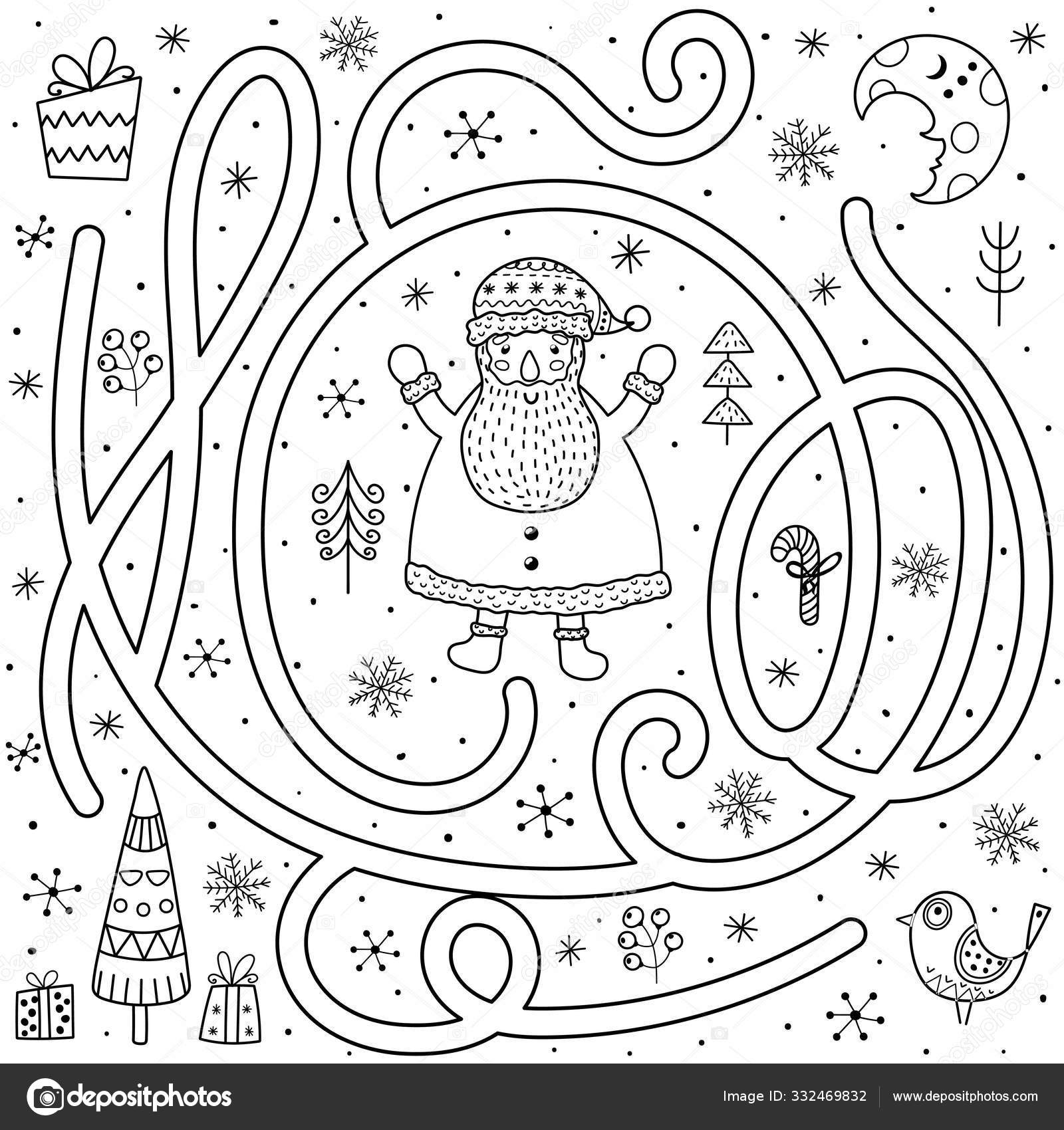 Black and white maze game for kids help the santa claus find the way to the christmas tree stock vector by juliyas
